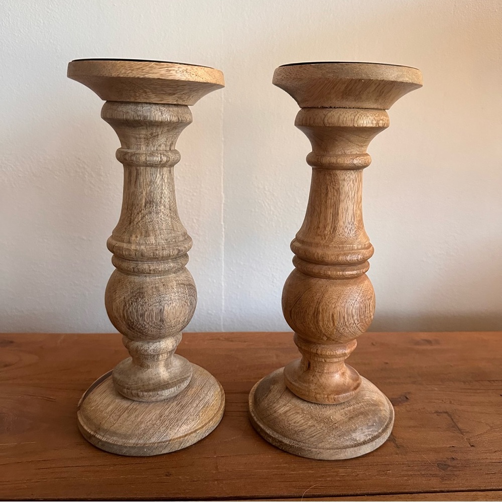 Wood carved pillar candle holders (set)